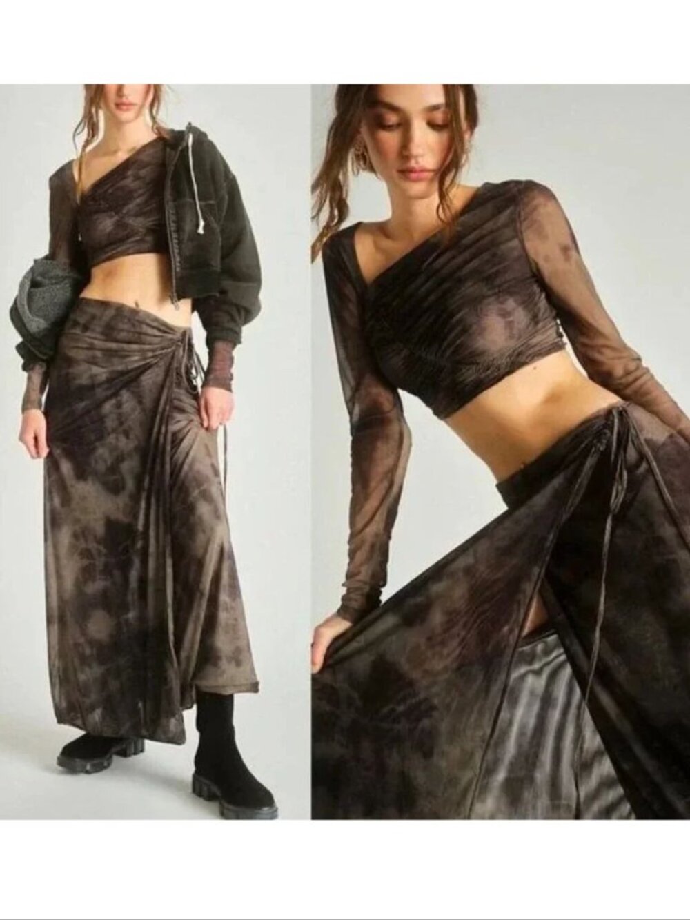 FREE PEOPLE Supernova SET Crop Top & Maxi Wrap Skirt Size XS Mocha Combo NEW
